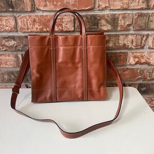 Fossil Carmen Leather Tote Brandy Crossbody Strap Adjustable EUC